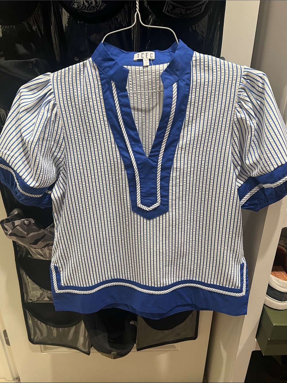 Blue & White Striped V-Neck Blouse